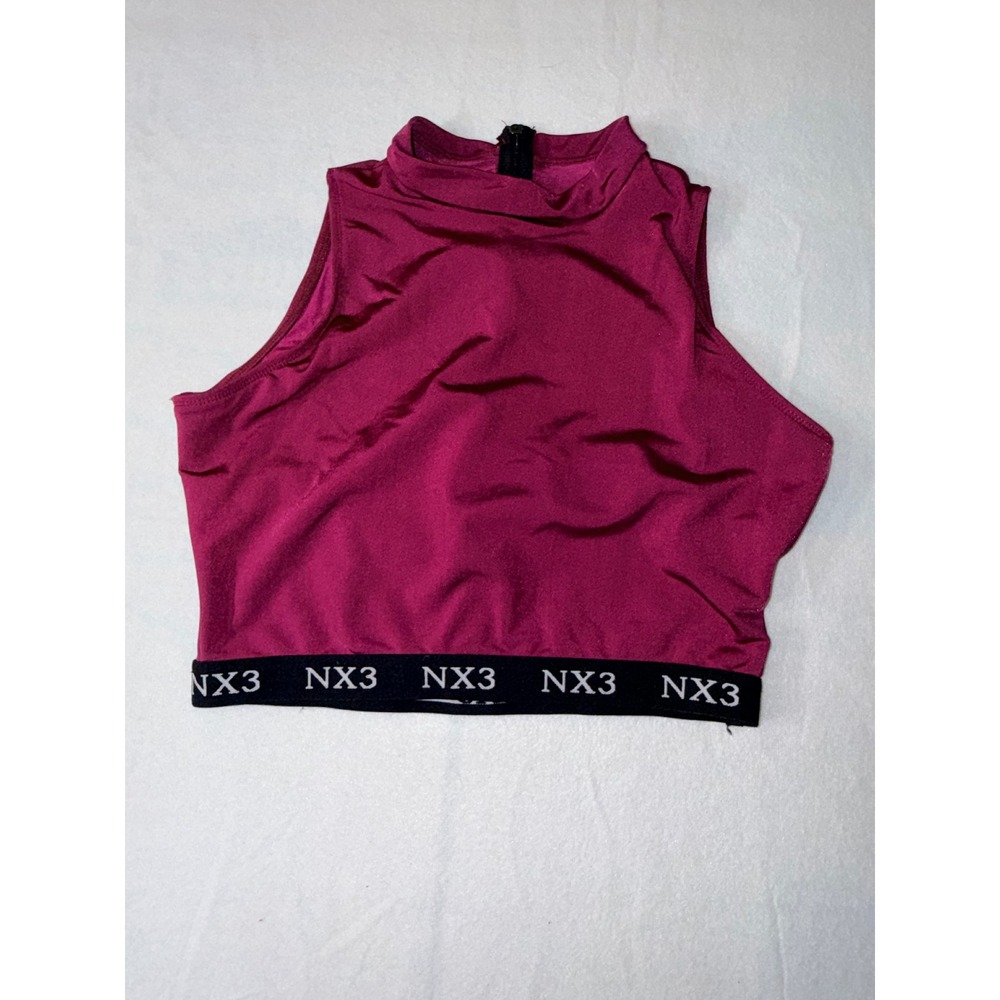 NX3 Mock Neck Crop Top Womens Medium Burgundy Excellent Elastic Logo Band N188